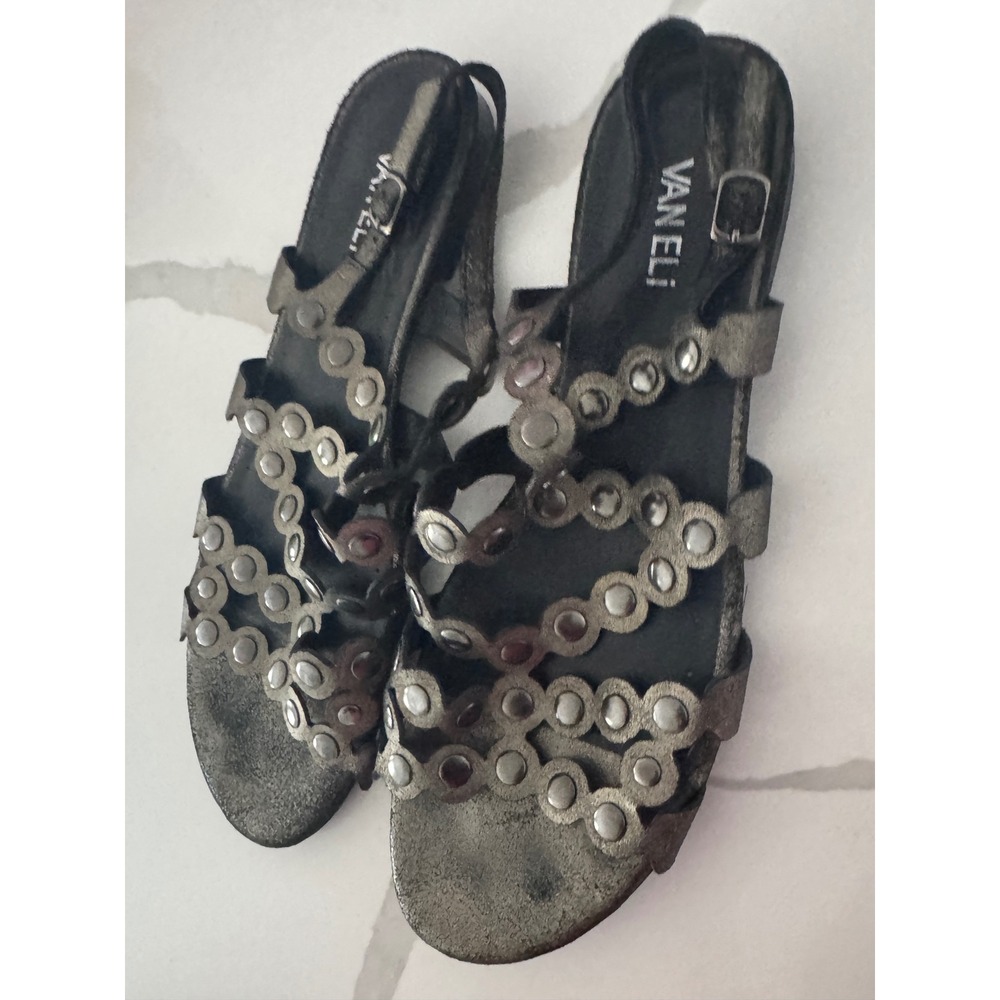 Vaneli Womens 12M Metallic Pewter Studded Scalloped Strappy‎ Slingback Sandals